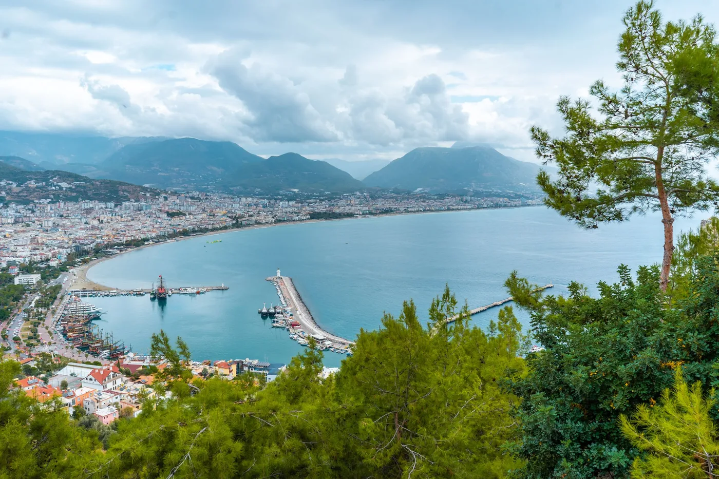 View over Alanya with the harbour, the bay and the Taurus mountains